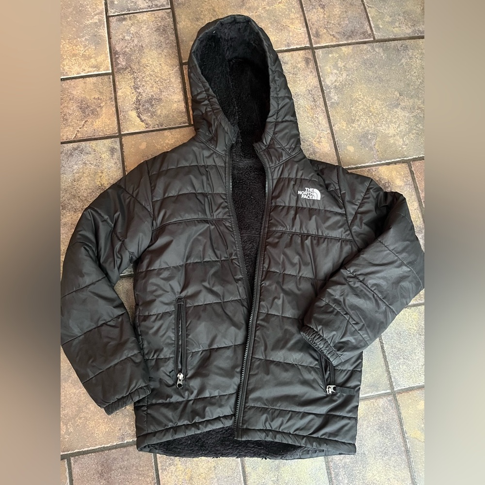 North face youth black fleece lined zip pockets coat jacket reversible